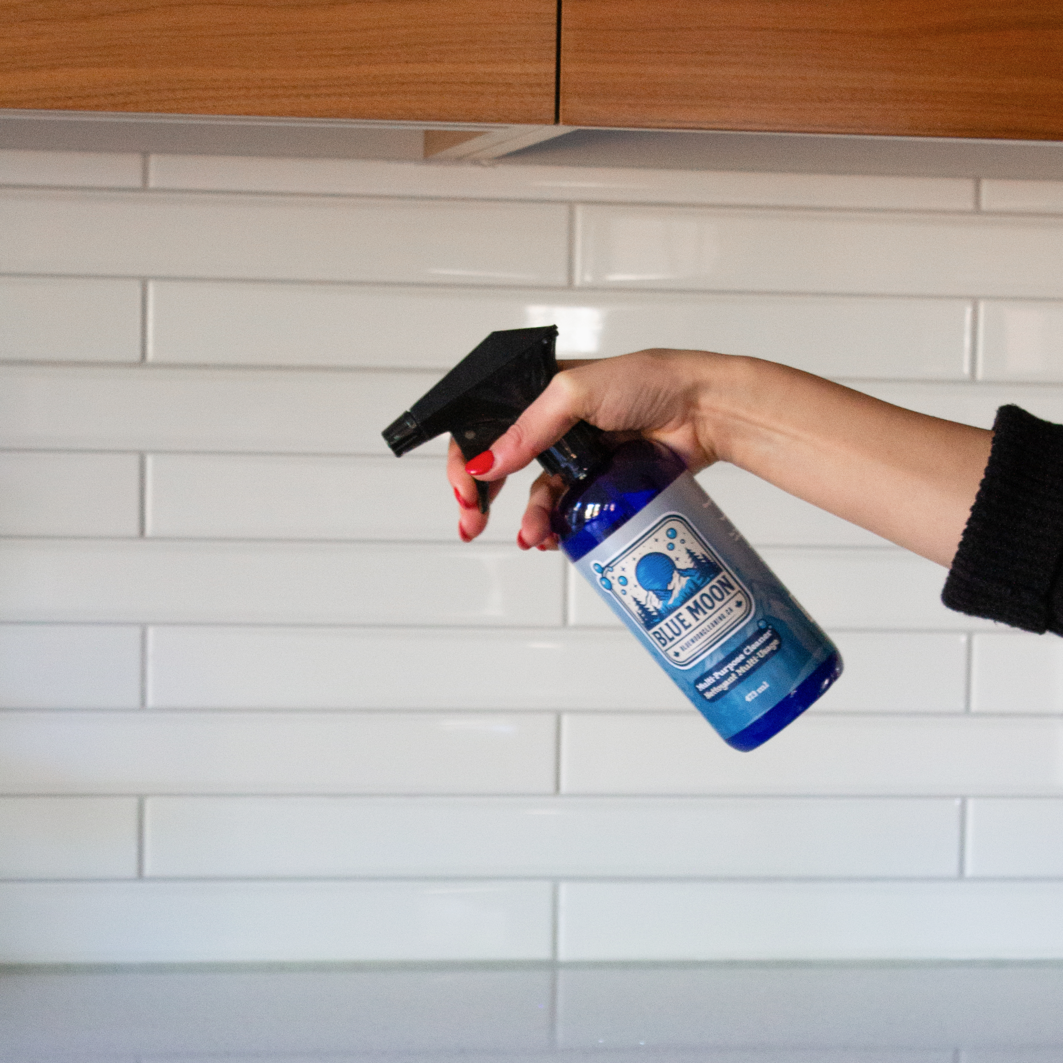 Person holding a Blue Moon spray bottle in front of a kitchen cabinet.